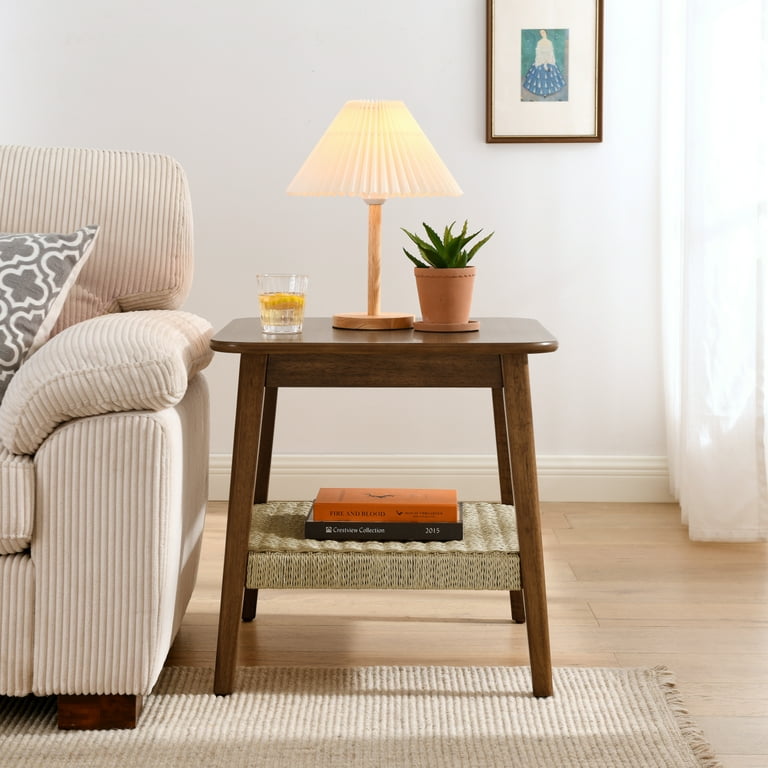 23 Mid Century Side Table with Woven Shelf Boho Side Table with Storage Bedside Tables Small Side Table for Living Room Couch Bedroom Patio