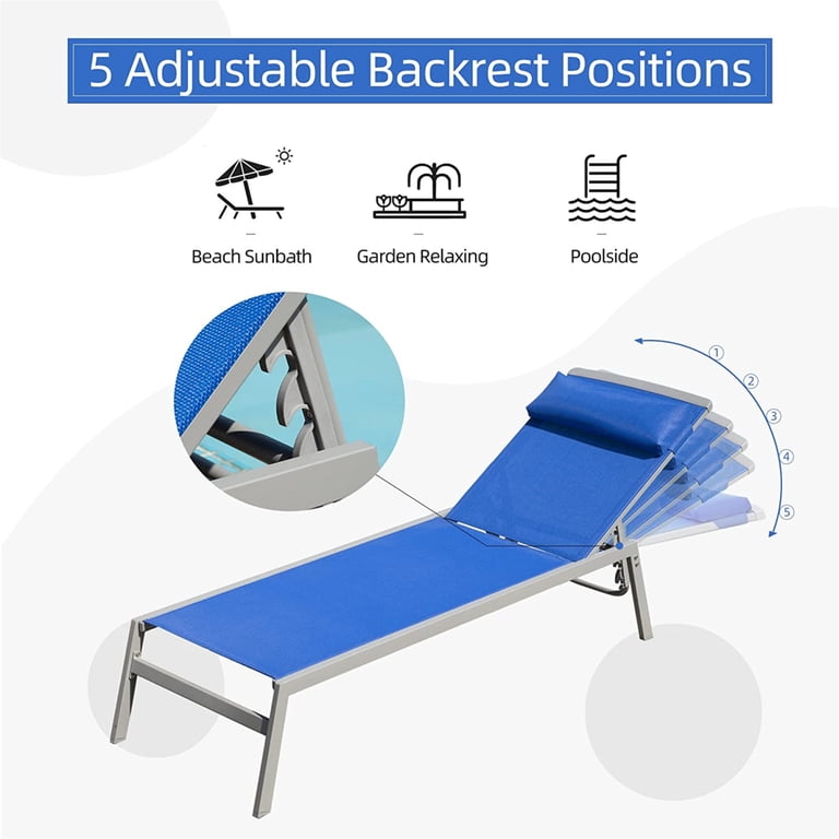 Set Of 3 Patio Chaise Lounge Chairs With Side Table - Adjustable Backrest, Waterproof Textilene Fabric, Aluminum Frame (Blue)