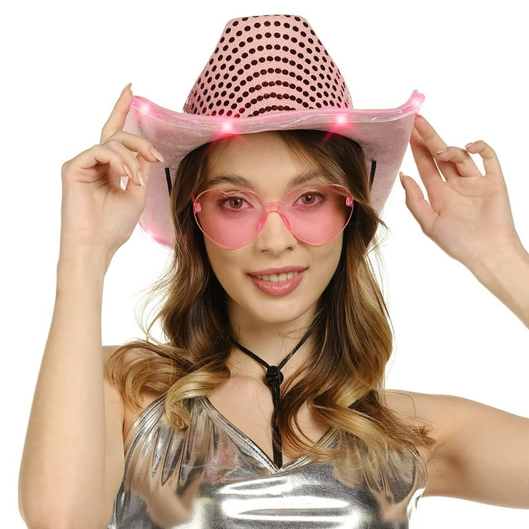 pink dress hats for women Cowboy Hat, Jazz Hat Sequin Luminous Cap, Women Vintage Gentleman Dress Hat,  Flashing Light up Dance Party Cowboy Hats, Pink