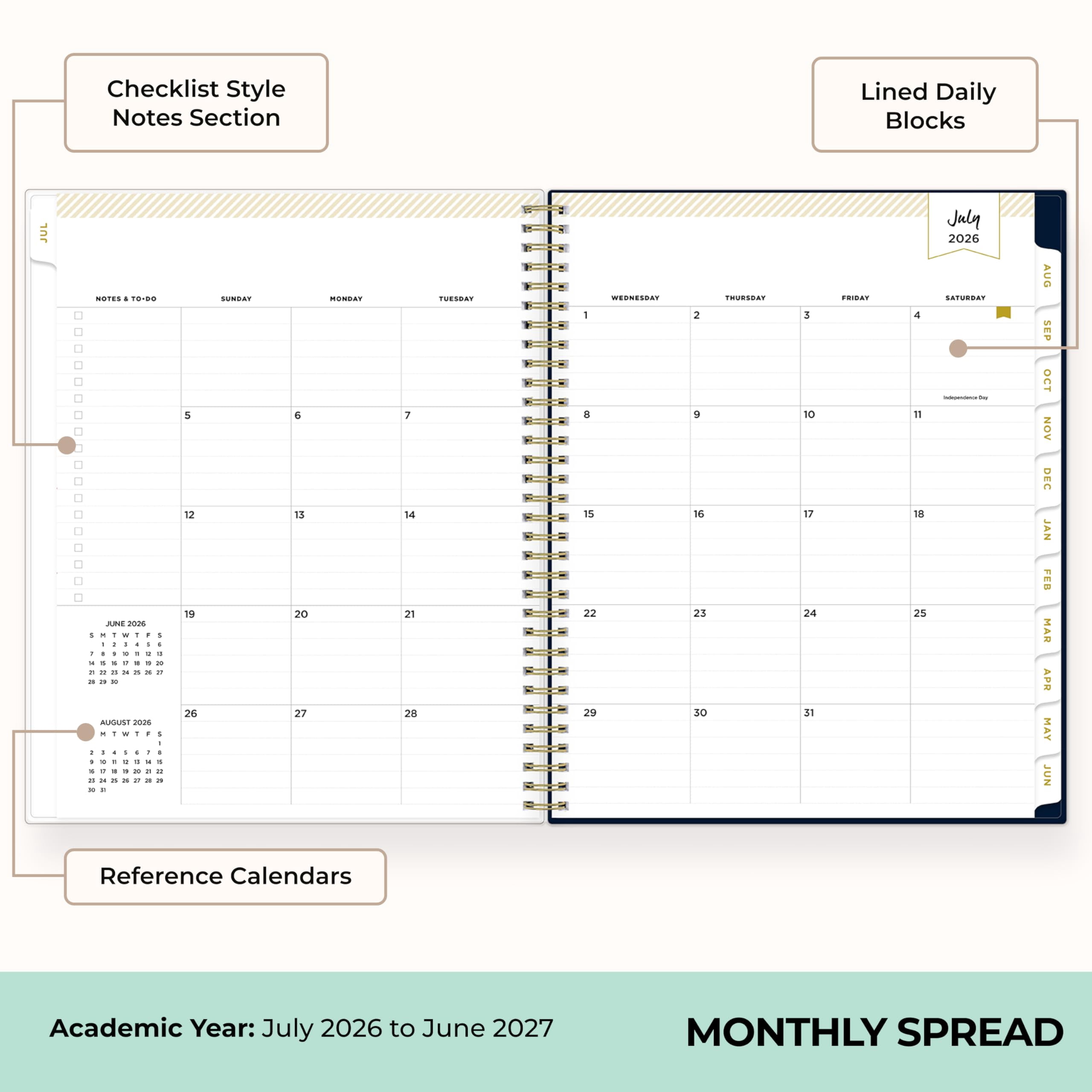 Blue Sky Day Designer 2026-2027 Weekly and Monthly Academic Year Planner Calendar, July 2026 - June 2027, 8.5" x 11", Clear Pocket Cover, Laminated Tabs, Storage Pocket, Stickers, Peyton Navy