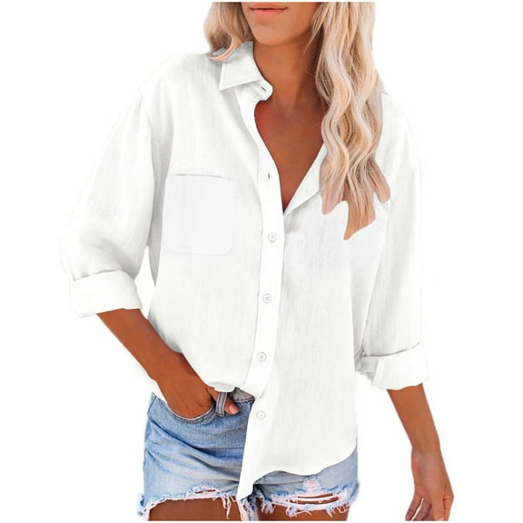 BLCHUNen Button down Shirts for Women Linen Casual Long Sleeve Turndown Collar Lightweight Vacation Beach Fall Tops