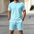 thumbnail image 2 of PNTUTB Two-Piece Set for Men Solid-Color Crew-Neck Short-Sleeve T-Shirt and Elastic Waistband Drawstring Shorts Casual Loose Comfortable Sports Sets, 2 of 7