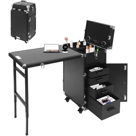 Makeup Case Rolling Manicure Table Foldable Nail Desk Travel Cosmetic Trolley Multifunctional Cosmetic Tool Box Rolling Makeup Cases w/4 Removable Drawers for Hair Pet Groomer Stylist