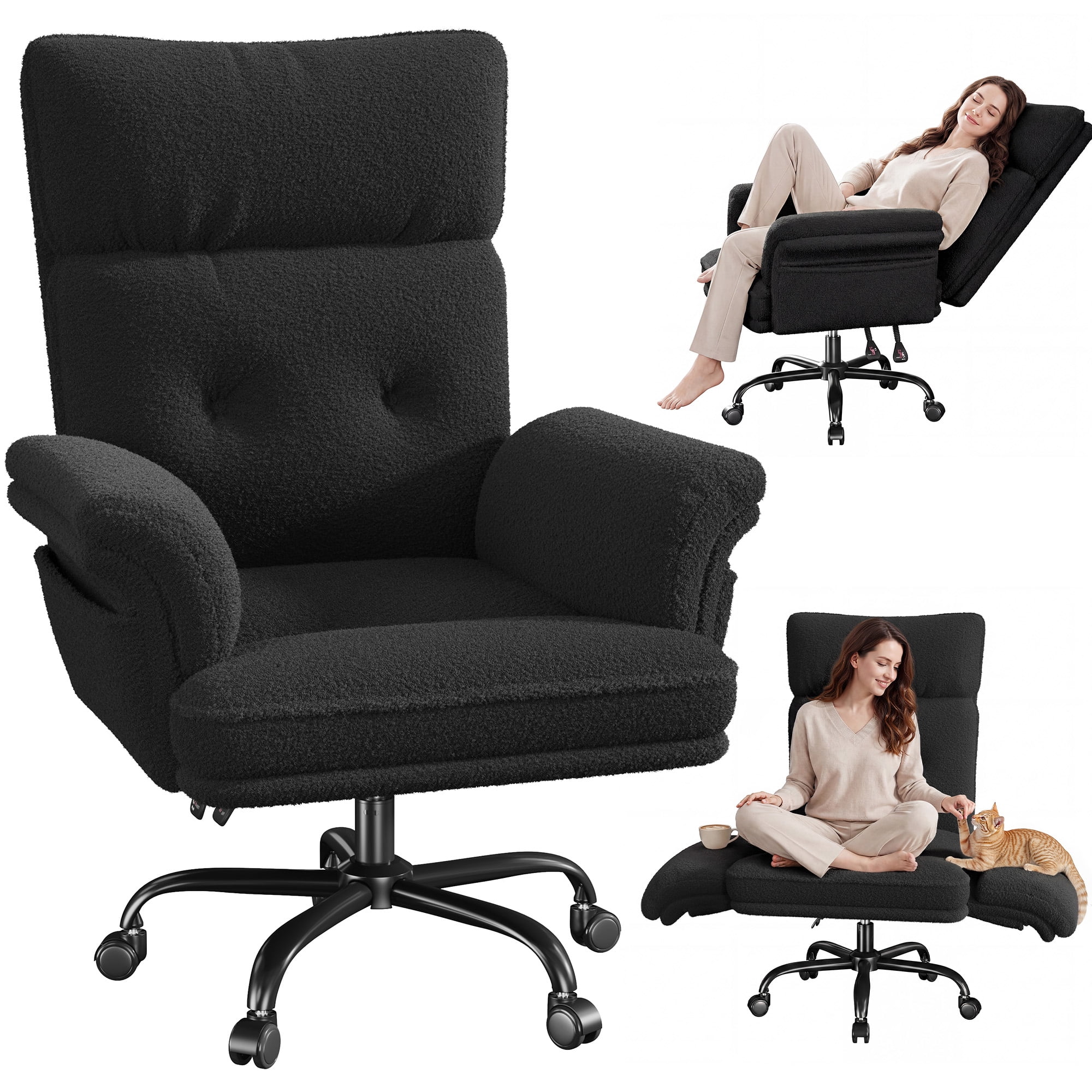 Romorgniz Criss Cross Chair with Armrests & Wheels Ergonomic Computer Gaming Chair with Two Side Pockets Teddy Plush Wide Seat Reclining Desk Chair for Home Office, Black