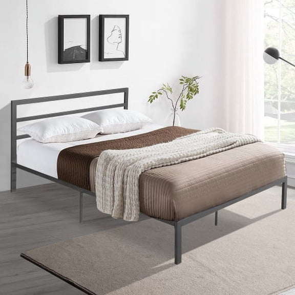 Queen Size Metal Bed Frame with Headboard Charcoal