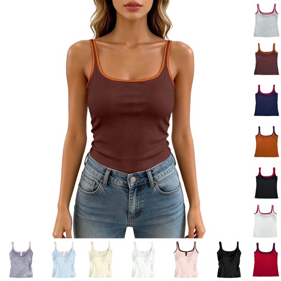 XINXIAOO Women's Square Neck Sleeveless Tank Top Strappy Contrast Casual Summer Camisole, One Size
