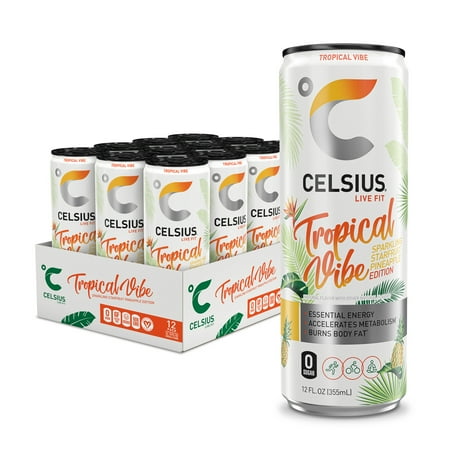 CELSIUS Essential Energy Drink 12 Fl Oz  Sparkling Tropical Vibe (Pack of 12)
