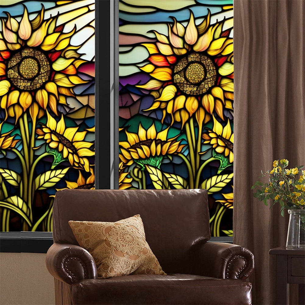 Danolapsi Glass Window Film For Removable Uv Blocking Heat,Insulation Privacy Tint Non-Adhesive Static Cling Coverings,Colorful Sunflower Stained Glass Decals Windows Stickers
