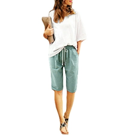 Plus Size Drawstring Elasticity Waist Casual Summer Beach Shorts For Women Plain Five Points Midi Shorts Trousers S-6XL