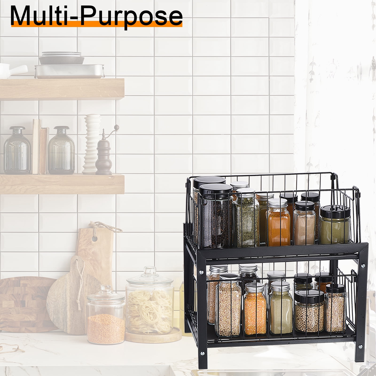 Unique Bargains 2-Tier Under Sink Rack Organizer w Slide-Out Drawer for Kitchen Bathroom