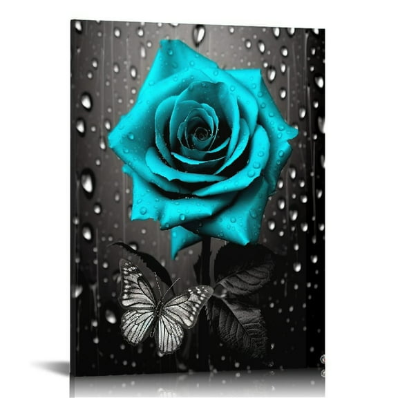 Creowell Teal Rose Turquoise Blue Flower Contemporary Black and White Pictures for Butterfly Poster Painting Canvas Wall Art Living Room Bedroom Decor Modern Oil Painting (16x20 in/12x16 in)