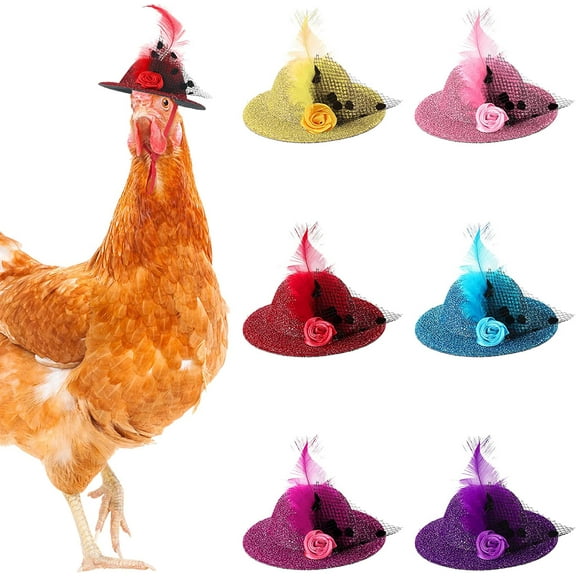 6 Pieces Chicken Hats for Hens Tiny Pets, Funny Halloween Accessories Feather Top Hat with Adjustable Elastic Chin Strap, Rooster Duck Parrot Poultry Stylish Show Costume