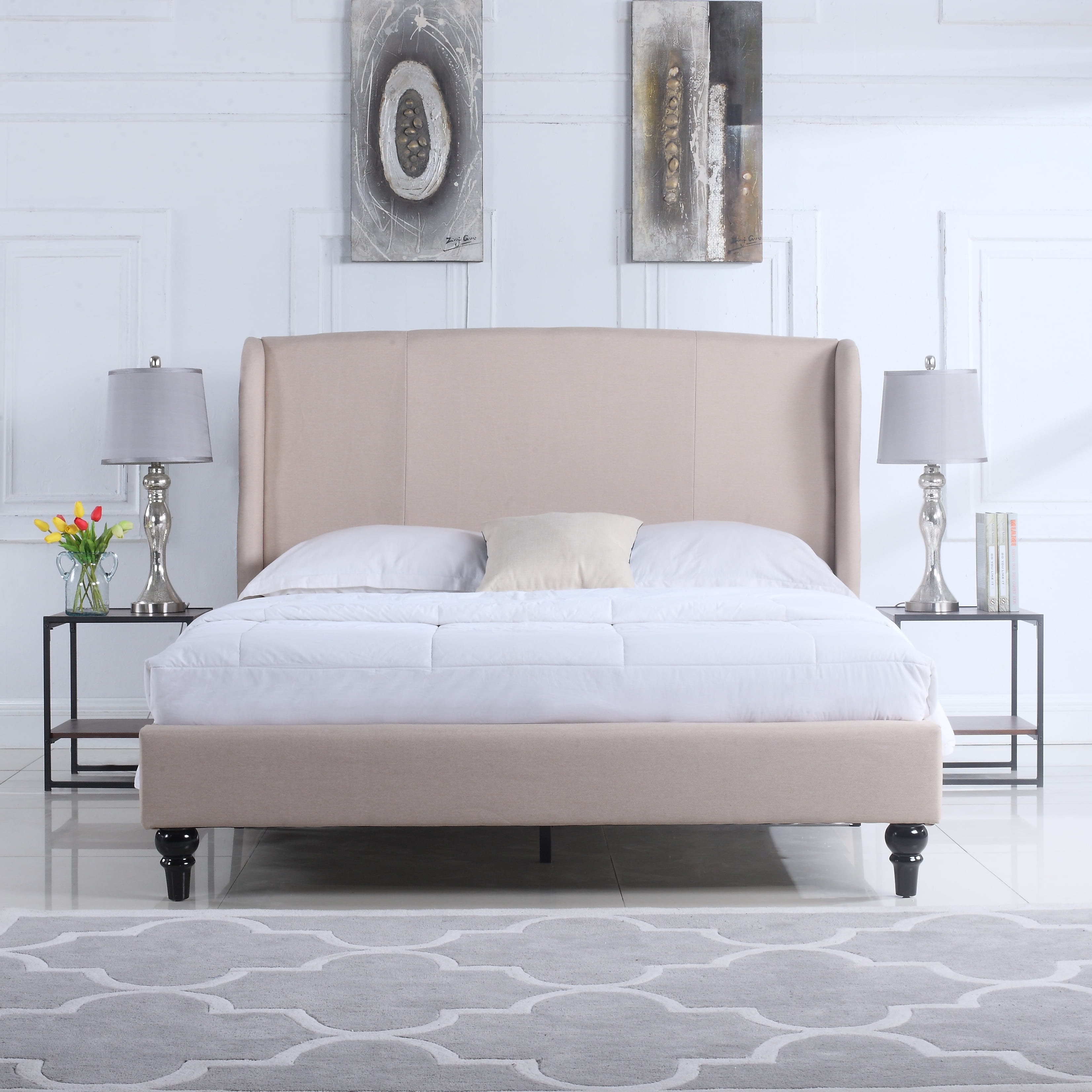 Classic Ivory Linen Platform Bed Frame with Upholstered Shelter