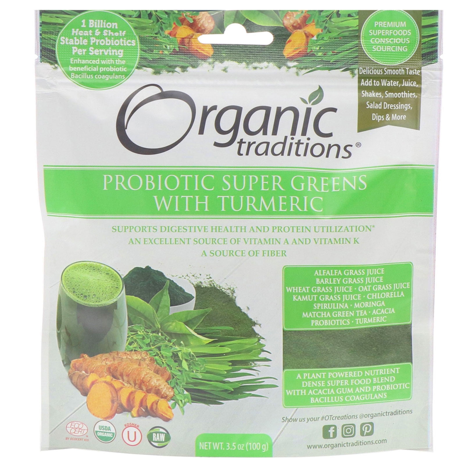 Organic Traditions Probiotic Super Greens with Turmeric, 3.5 oz (100 g