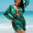 thumbnail image 4 of Levmjia Women's Plus Size Bikini Set 3 Piece Mesh Printed Long Sleeve Sun Protection Cover Up Drawstring Pleated Swimsuit High Waisted Bathing Suit For Beach Vacation, 4 of 8