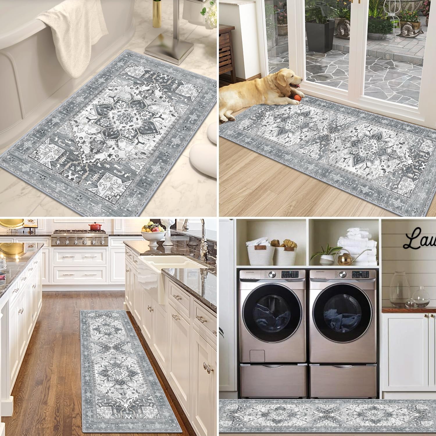 Boho Washable Kitchen Rugs Sets of 3, Non Slip Kitchen Mats for Floor with Rubber Backing, Waterproof & Stain Resistant Thick Carpet Runner Throw Rugs for Kitchen, Laundry Room, Hallway, Grey