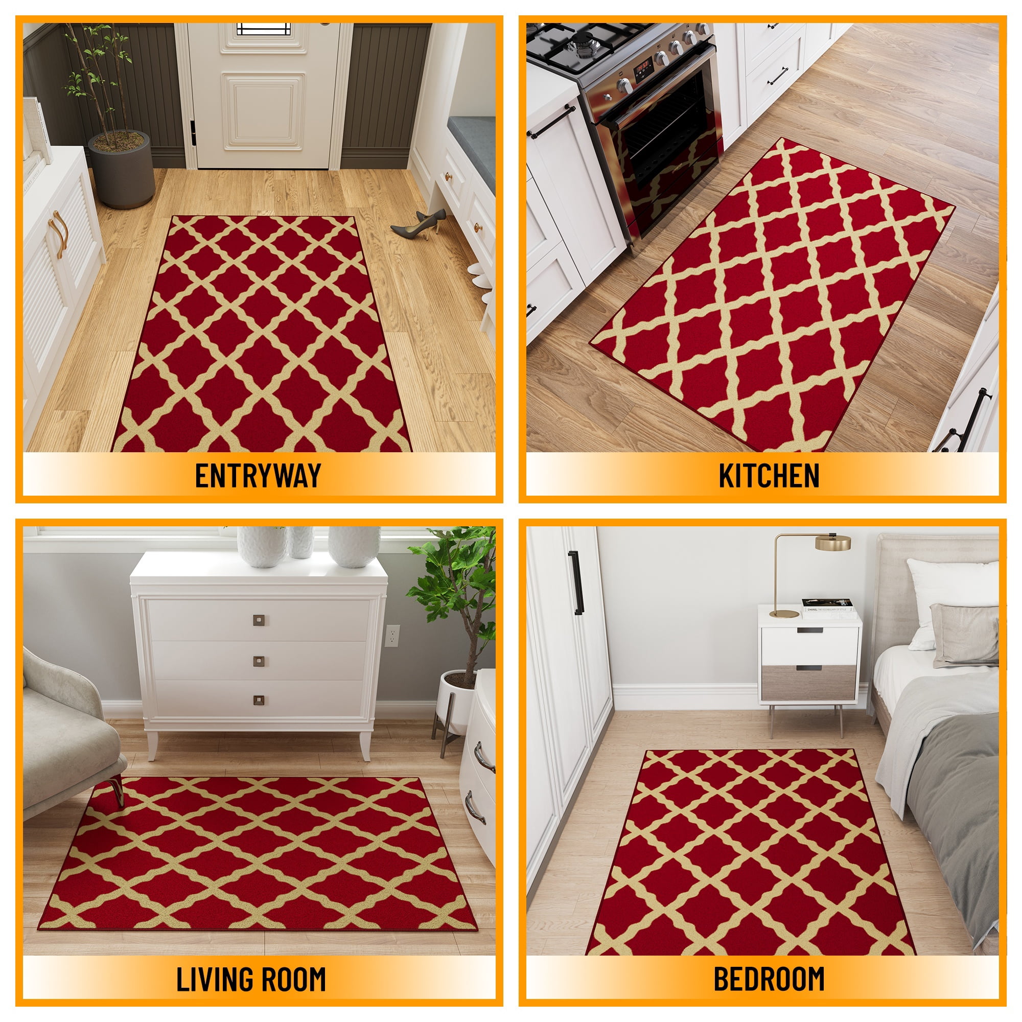 Ottomanson Trellis Area Rug 3'3" x 5' - Non Slip Low Pile Carpet, Red