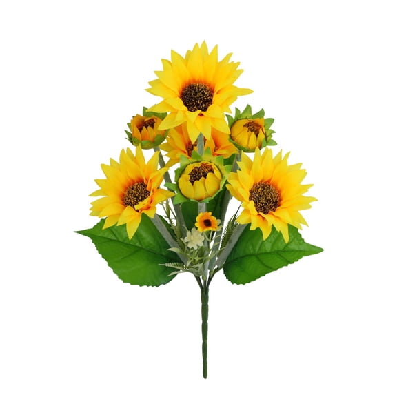 1 Pc 11.81" Short Stem Artificial Sunflowers Bouquet, 7 Heads Silk Fake Flowers Bush with Mixed Buds for Autumn Table Centerpiece, Golden Yellow