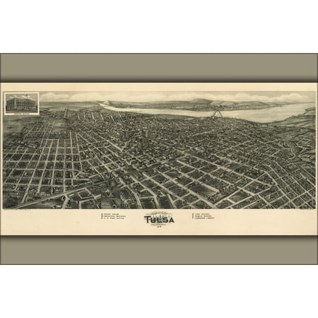 24"x36" Gallery Poster, Aero view map of Tulsa, Oklahoma 1918