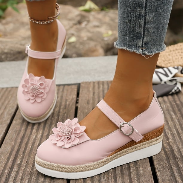 VerPetridure Womens Dress Shoes Flower Womens Shoes for Weeding Cute Mary Jane Shoes Lace Flore Ballet Flat for Walking, Jumping, Pink Size 9