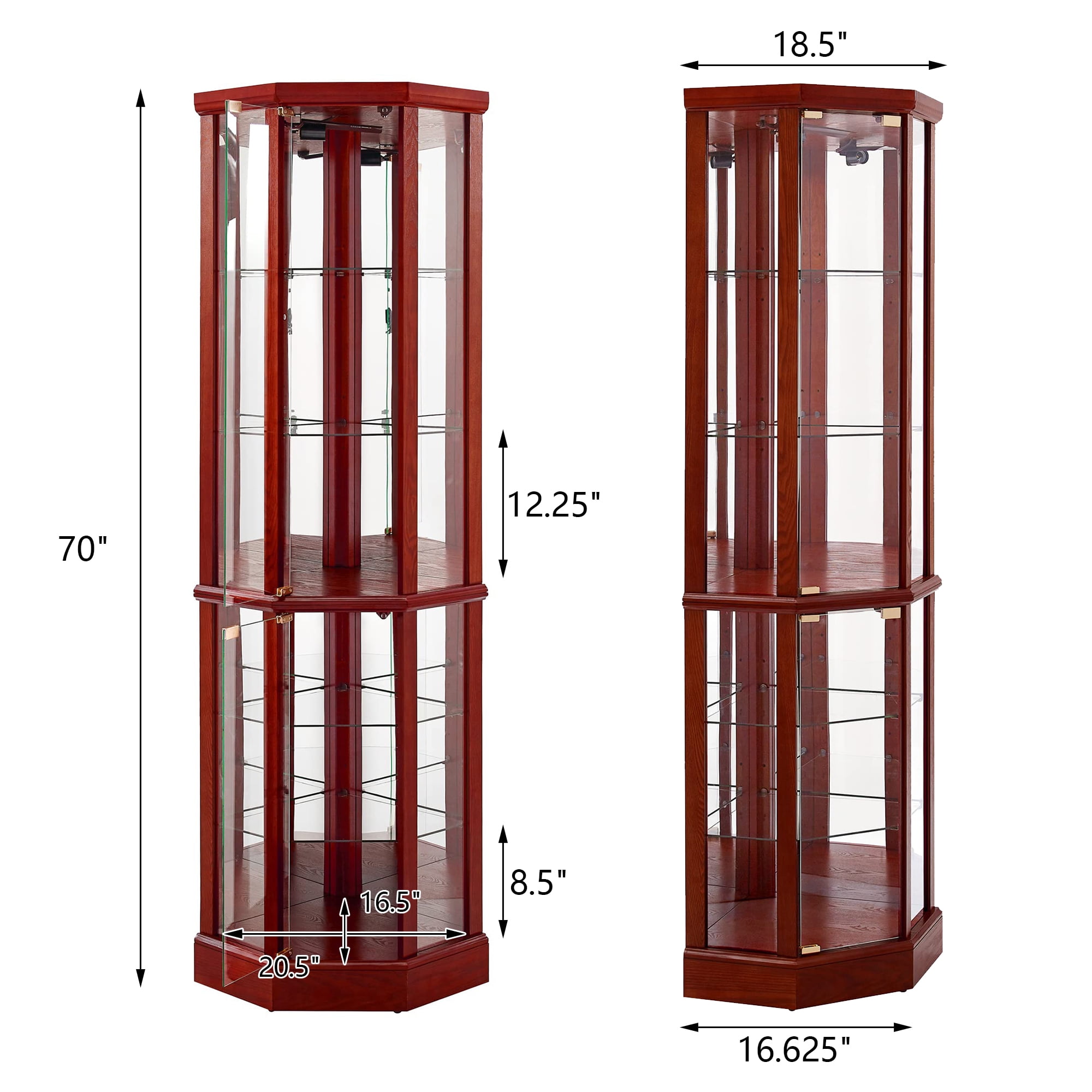 Miniyam 6 Shelf Corner Curio Display Cabinet with Lights, Glass Doors, Cherry