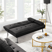 Easyfashion Modern Fabric Reclining Futon with Cupholders and Pillows, Black