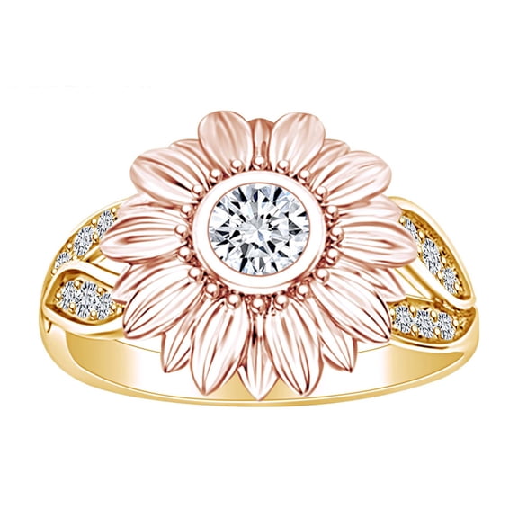AFFY 0.32 Carat Round Shape White Natural Diamond Sunflower Engagement Ring 14K Solid Yellow Gold Ring Size-5