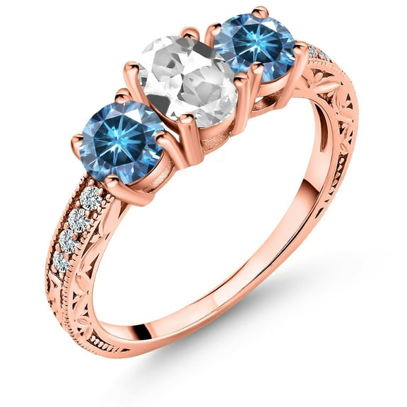 Gem Stone King 18K Rose Gold Plated Silver 3-Stone Ring Oval White Created Sapphire and Vivid Persian Blue Moissanite (2.12 Cttw, Size 9)