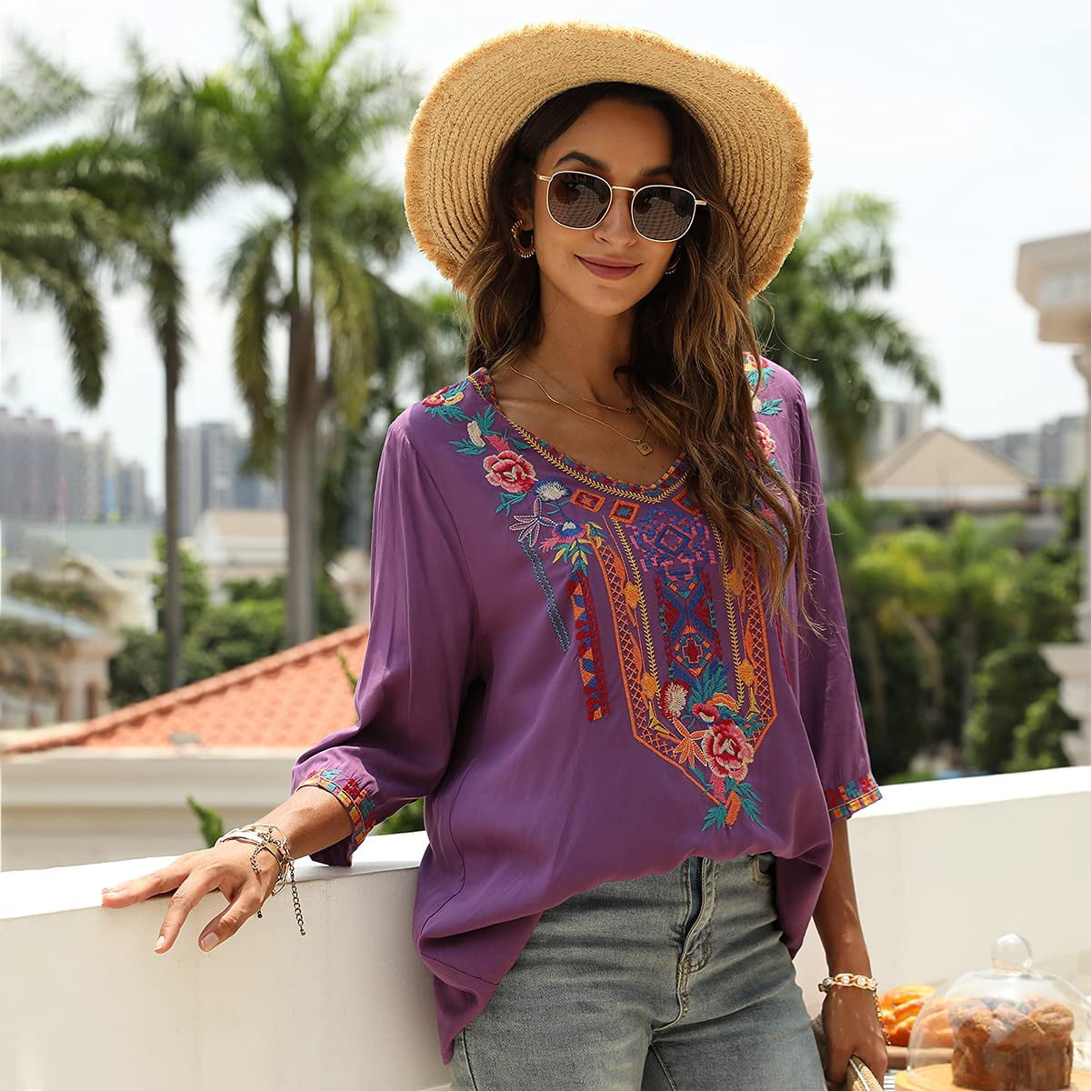 Women's Summer Boho Embroidery Mexican Bohemian Tops V