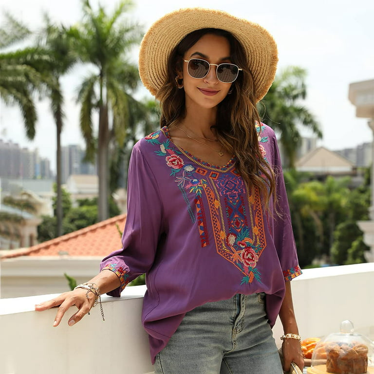 Women's Summer Boho Embroidery Mexican Bohemian Tops V Neck 3/4