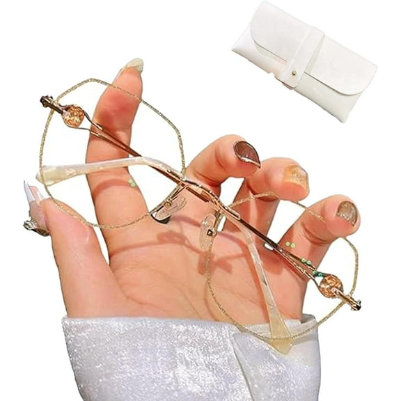 Women's Diamond Rimless Anti-Blue Light Presbyopia Glasses, Ultra Light Frameless Reading Glasses with Case