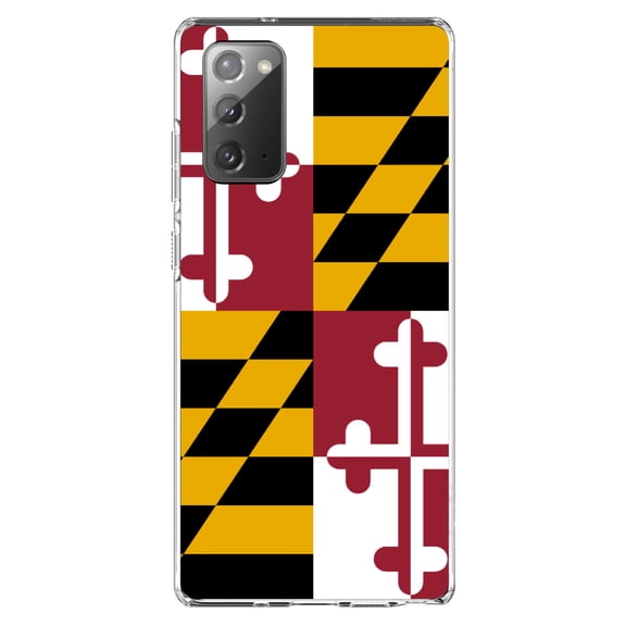 DistinctInk Clear Shockproof Hybrid Case for Samsung Galaxy Note 20 (6.7" Screen) - TPU Bumper, Acrylic Back, Tempered Glass Screen Protector - Maryland State Flag - Maryland
