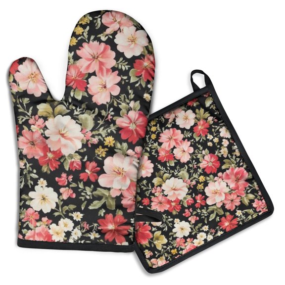 Pioneer Flower Kitchen Oven Mitt and Pot Holder Sets 2 Pcs for Baking, Cooking and Grilling, Heat Resistant Up To 392 °F