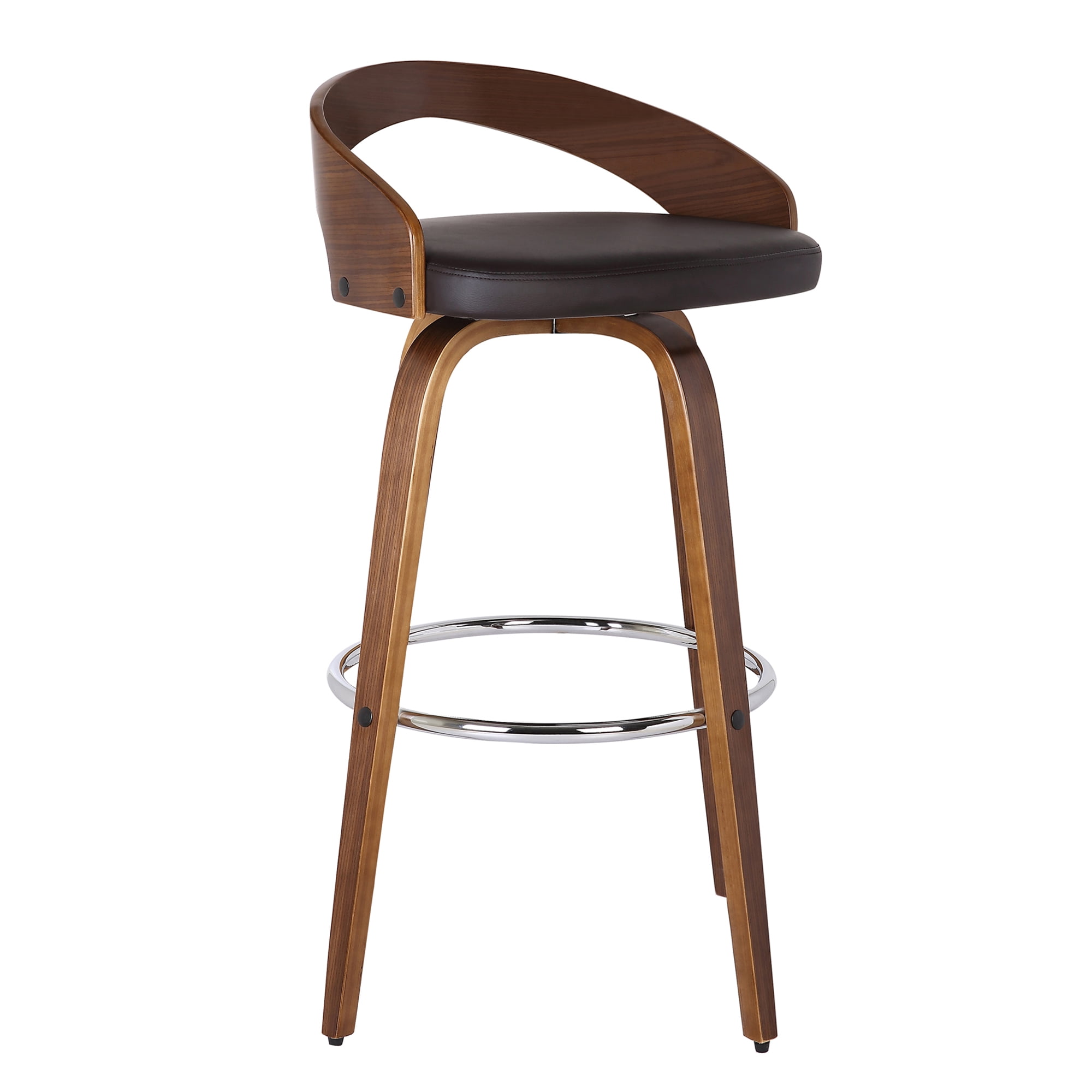 Sonia 26" Counter Height Swivel Brown Faux Leather and Walnut Wood Bar Stool - Set of 3