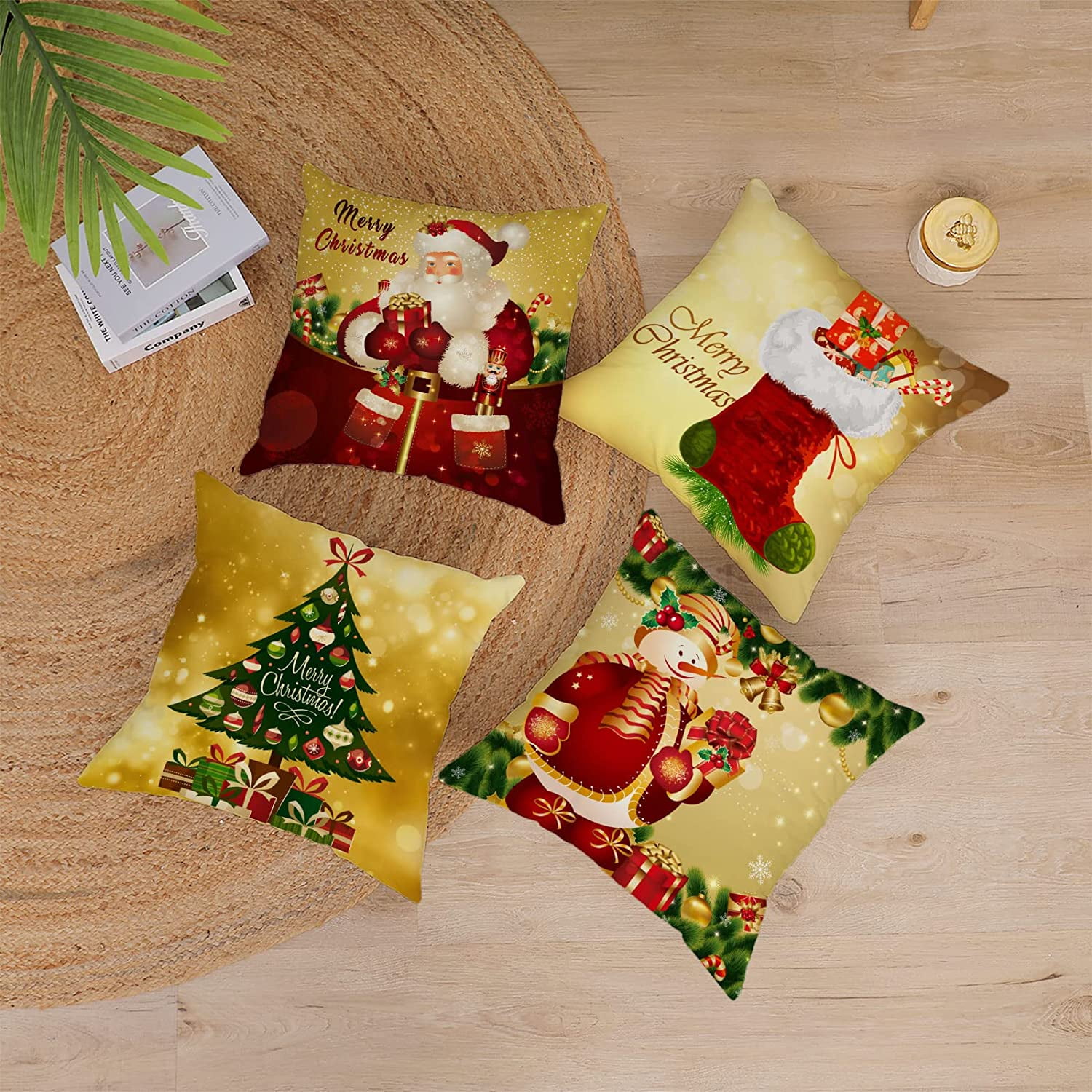 Set of 4 Christmas Pillow Covers 18x18 Inch Merry Christmas Pillow Cases Christmas Tree Velvet Throw Pillow Covers Gold Xmas Holiday Pillow Covers Outdoor Couch Sofa Cushion Covers for Christmas 18 Wa...