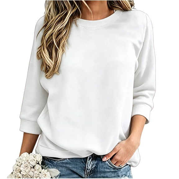 Posijego Womens 3/4 Sleeve Sweatshirt Fall Winter Crewneck Pullover Tops Solid Color Lightweight Casual Sweatshirts
