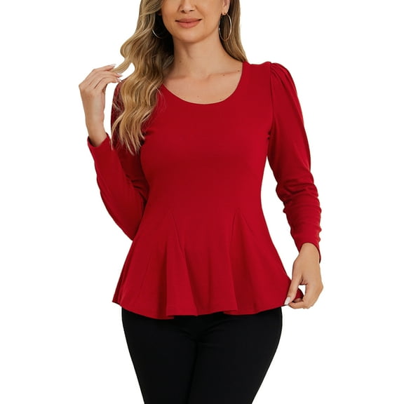 INSPIRE CHIC Women's Long Sleeve Peplum Top Scoop Neck Blouse with Padded Shoulders & Pleated Ruffle Hem Red L
