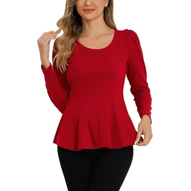 INSPIRAR CHIC Camisetas de Mujer de Manga Larga con Cuello Redondo Casual Camisas Peplum L Rojo
