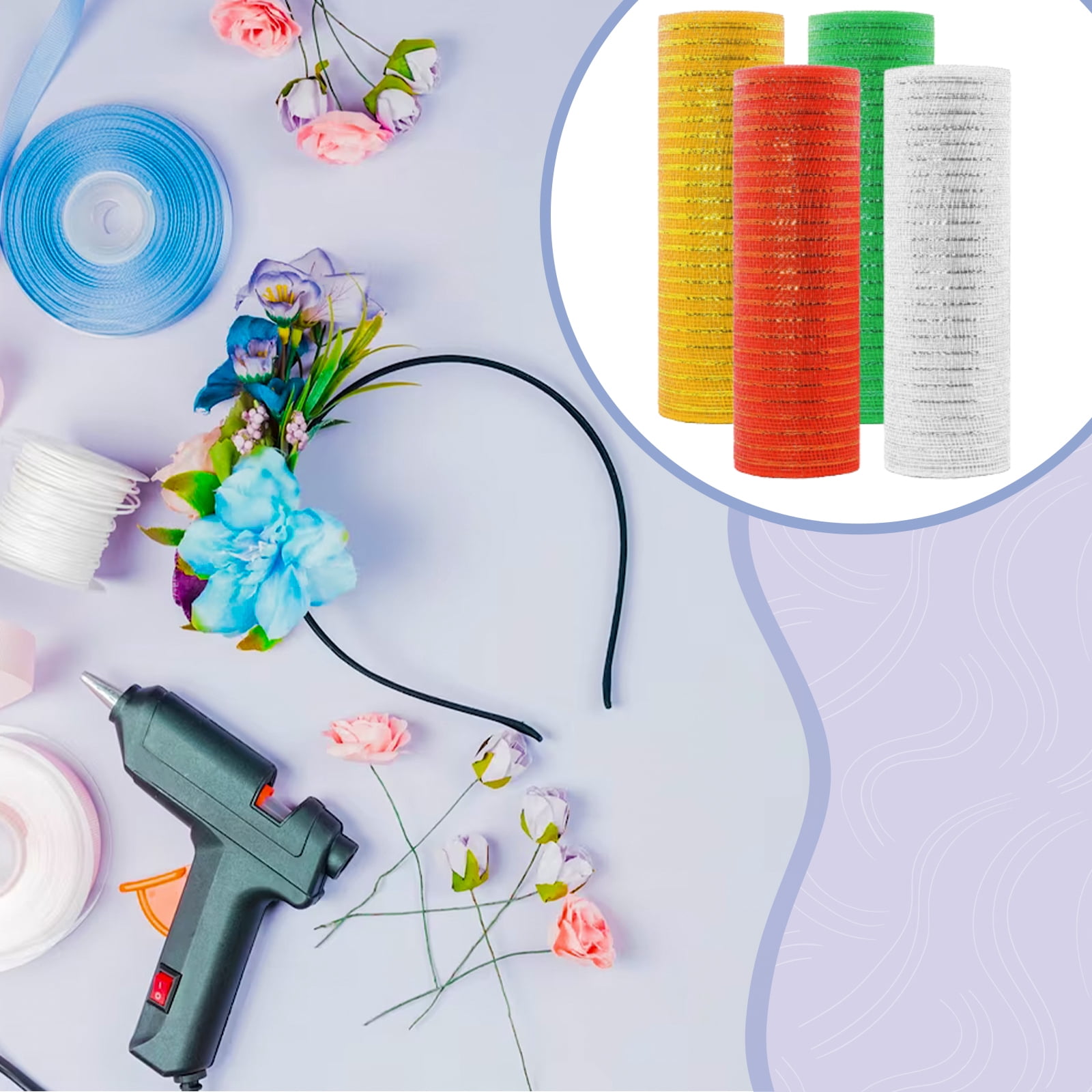 4 Rolls Decor Ribbon 10 Inches x 10 Yards 4 Colors Red, White, Green, Yellow Christmas Mesh for DIY