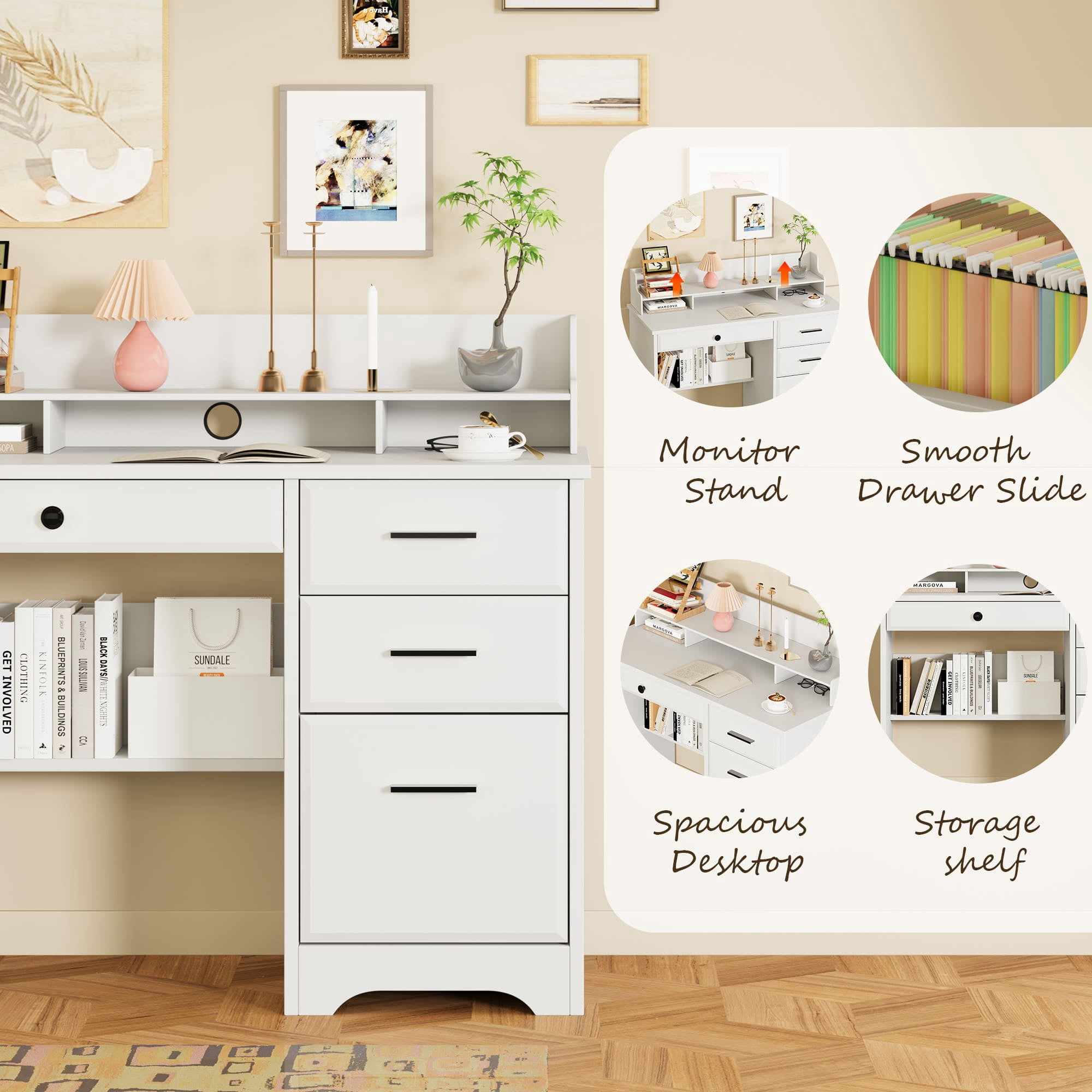 4 EVER WINNER White Home Office Computer Desk with 4 Drawers & Hutch, Modern Wood Study Writing Table for Bedroom, Home Office Furniture with Ample Storage Space