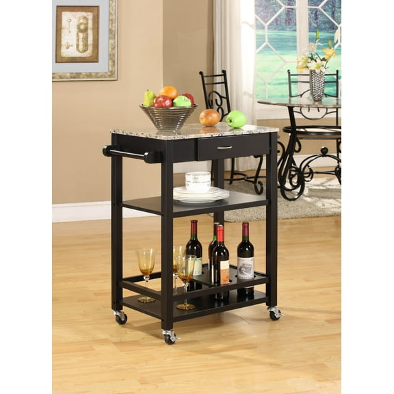 Jace Contemporary Kitchen Serving Cart, Black Wood with Faux Marble Top