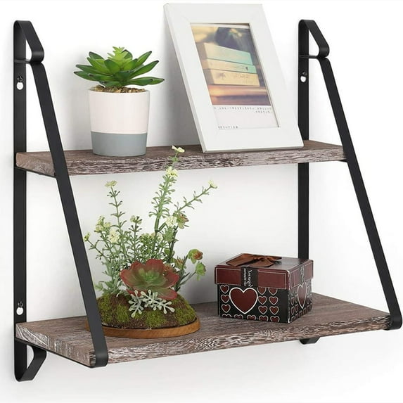 2-Tier Wall Mounted Rack Storage Display Metal Brackets Wall Shelf Rack,Brown