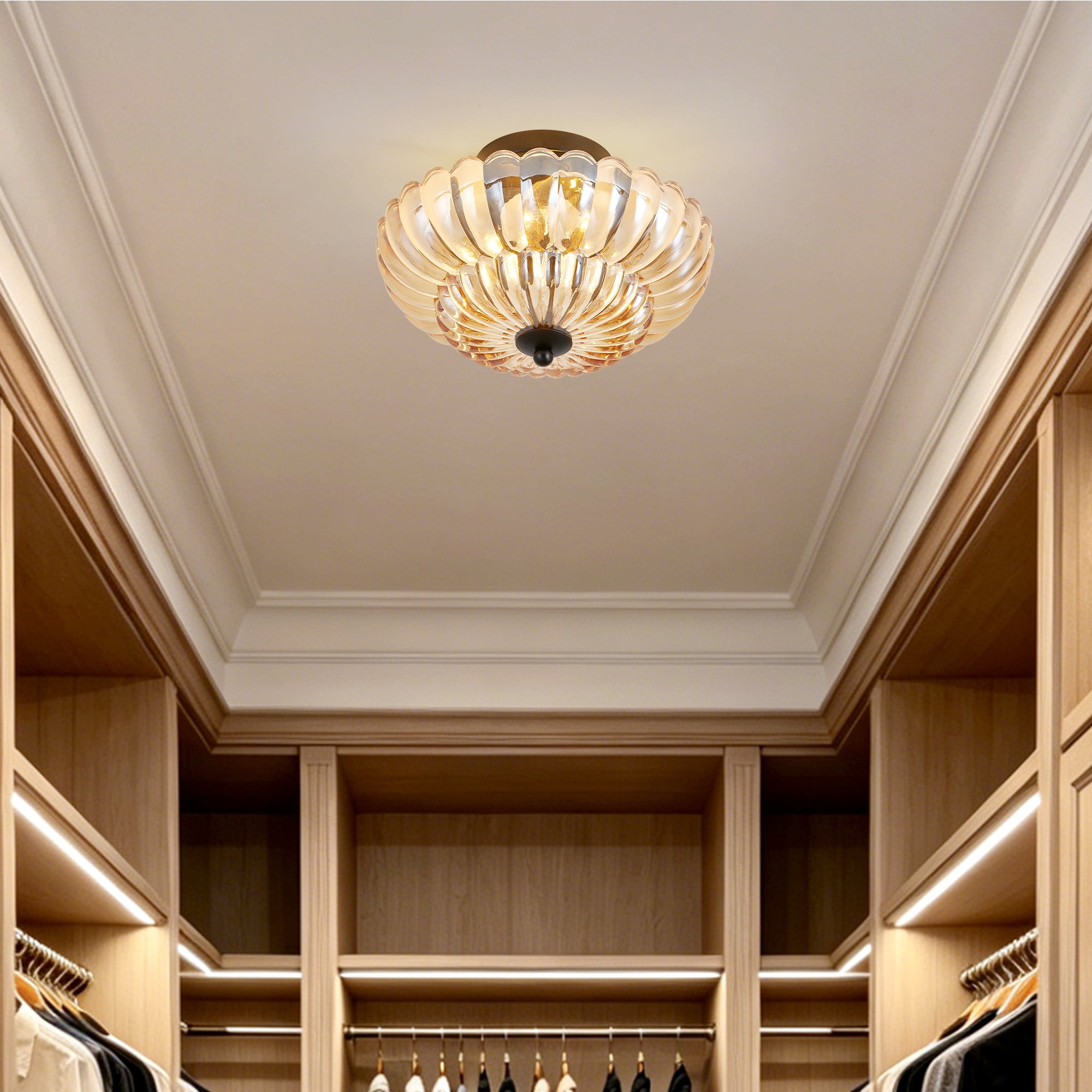 Leumius Semi Flush Mount Ceiling Light, 3-Light Close to Ceiling Light Fixtures with Flower Glass, Vintage Ceiling Lights for Hallway Living Room Kitchen Bedroom Bathroom, Amber+Black