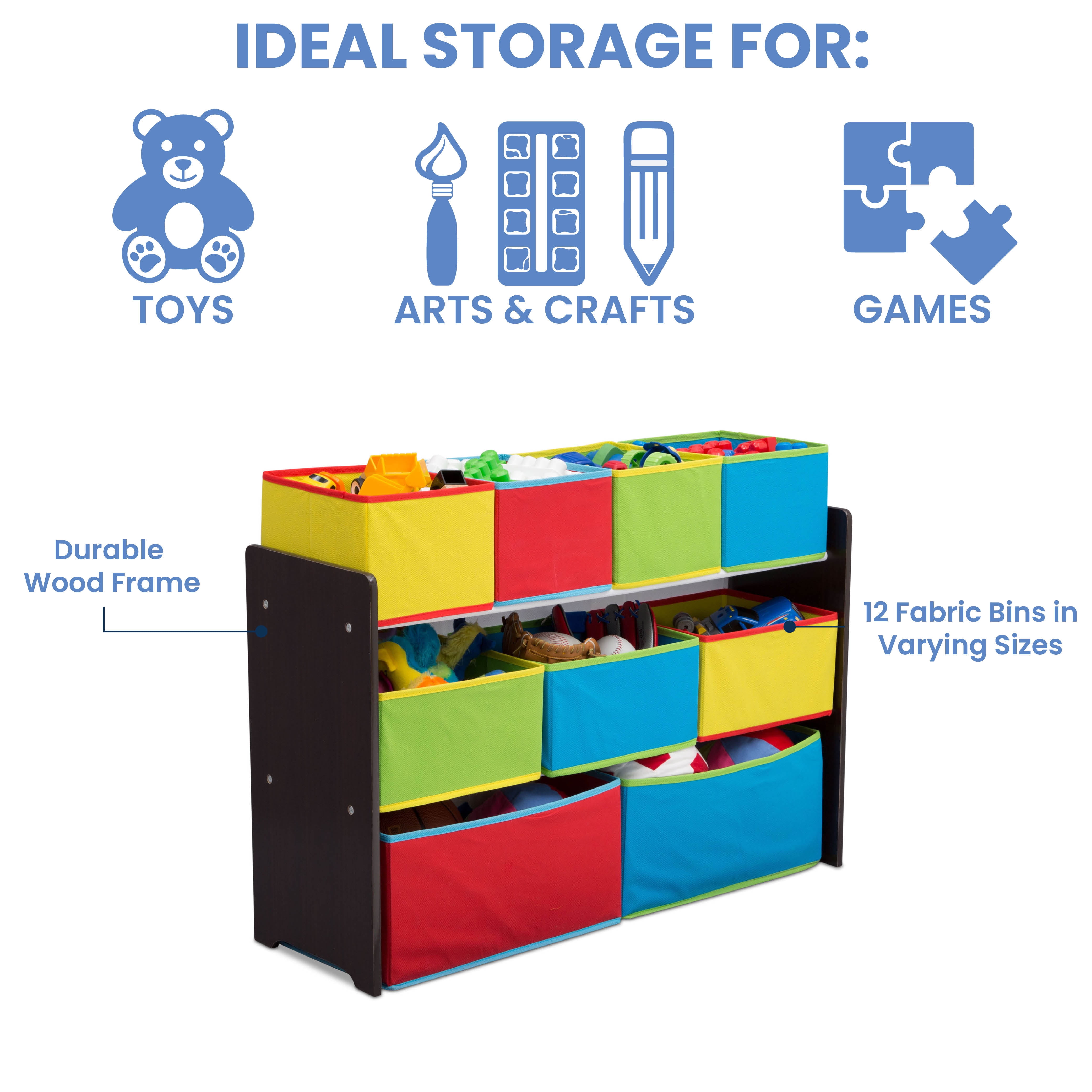 Delta Children Deluxe Multi-Color Toy Organizer with Storage Bins, Greenguard Gold, Wood, Fabric