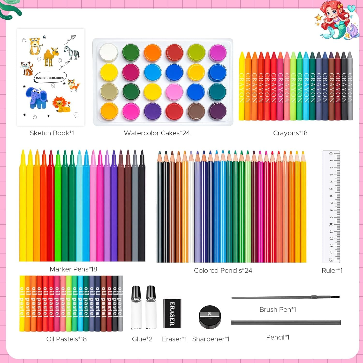 homicozy Art Supplies Kit for Kids Ages 4-12,Mermaid Art Case Coloring Set,Drawing Kits with Markers, Crayons, Colored Pencils,Oil Pastels,Coloring Book,School Supplies,Gift for Kids Artist Age 4+