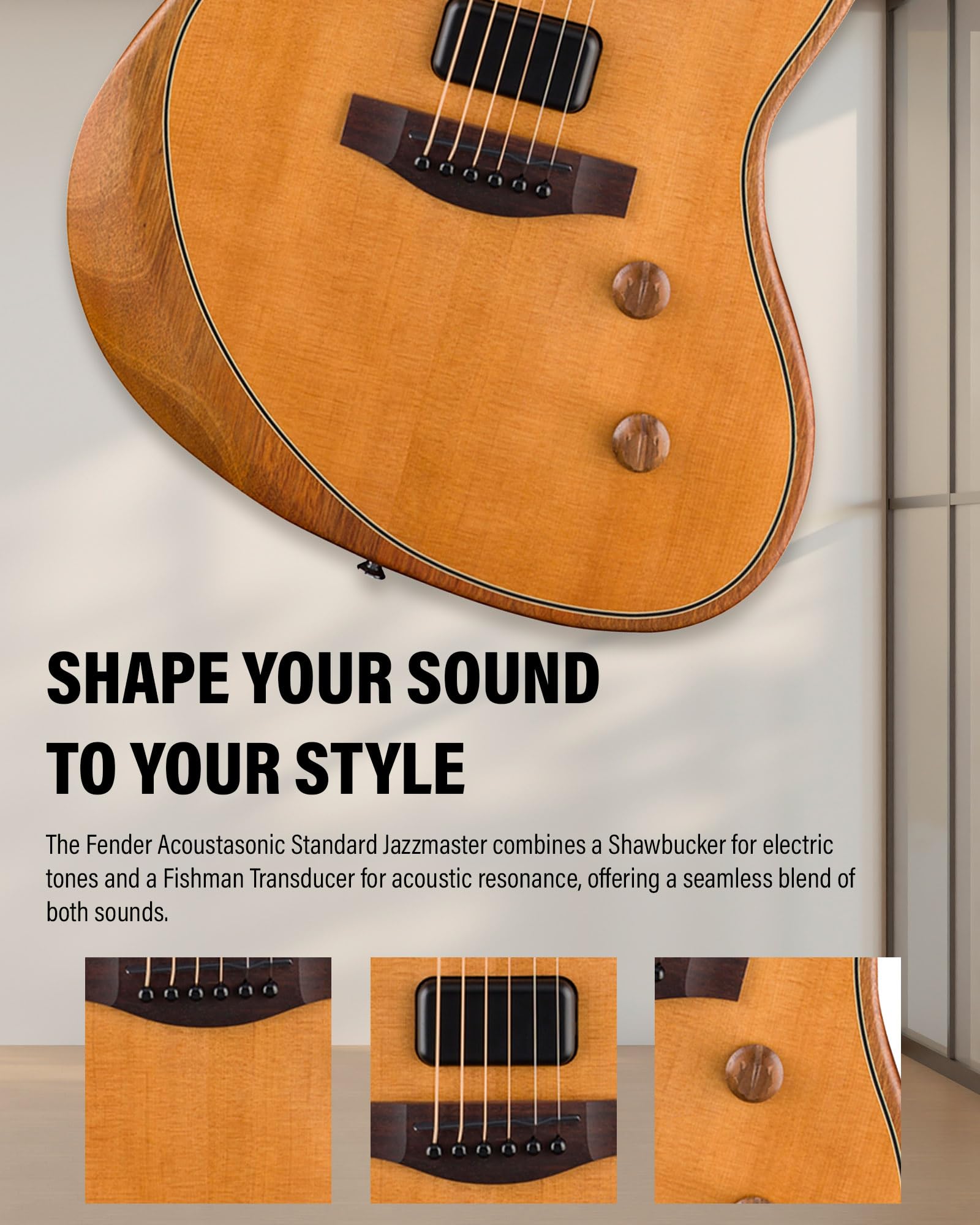 Fender Acoustasonic Standard Jazzmaster - Aged Natural Bundle with Strap, Guitar Cleaning Kit, and Austin Bazaar Instructional Video