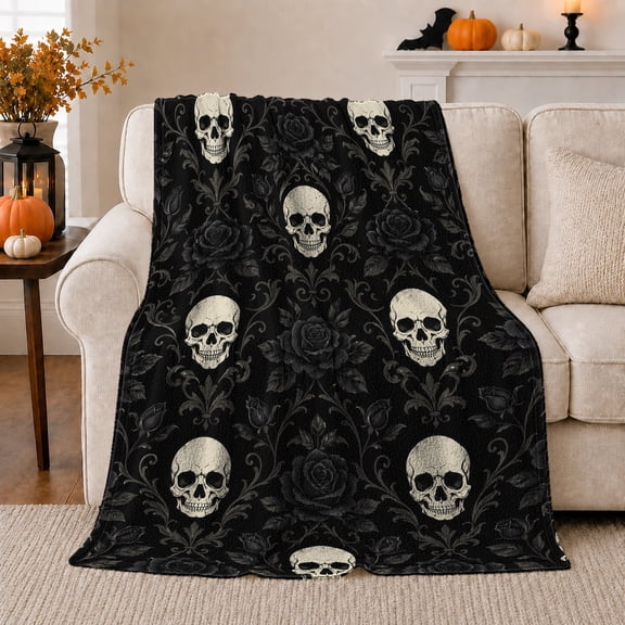 Gothic Gothic Motif Rose Damask Pattern Decorative Accent, Dramatic Botanical Garden Scene, Warm Flannel Blanket for Sunroom and Reading Nook, Garden Lovers Housewarming Gift, Gothic Home Decor