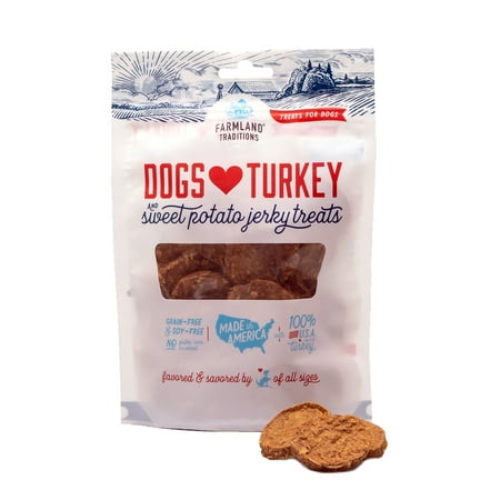 UPC: 0884713000904 | Farmland Traditions Dogs Love Turkey & Sweet Potato Flavor Air Dried Jerky Treats for Dogs 16 oz Bag.