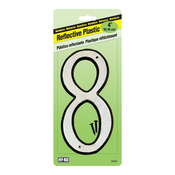 Hy-Ko 4 inch Reflective Plastic House Address Number 8 with mounting hardware
