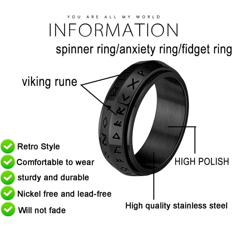 8mm Men's Viking Rune Spinner Ring | Stainless Steel Luminous Glow Band | Nordic Valknut Design, Silver/Black/Blue